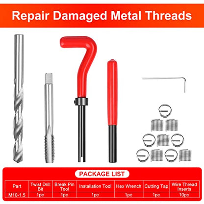 Thread Repair Kit M10 X 1.5mm, Metric Thread Repair Insert Kit | Compatible Hand Tool Set for Damaged Thread and Auto Repairing - size: Metric,M10×1.5mm