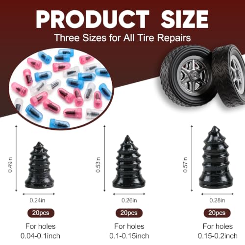 60Pcs Screw Tire Plug Repair Kit, 3 Sizes Rubber Nails and Screwdriver for Car, Motorcycle, Truck and Tractor