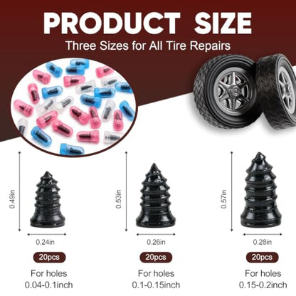 60Pcs Screw Tire Plug Repair Kit, 3 Sizes Rubber Nails and Screwdriver for Car, Motorcycle, Truck and Tractor