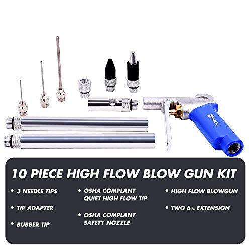 High Flow Air Blow Gun with 9 PCS Blower Tips, 6 inch Extensions, Needle and Rubber Tip, Xtreme Flow Nozzle, Adaptor, 120PSI Working Pressure, Air Compressor Accessories Kit, Cleaning Air Tool