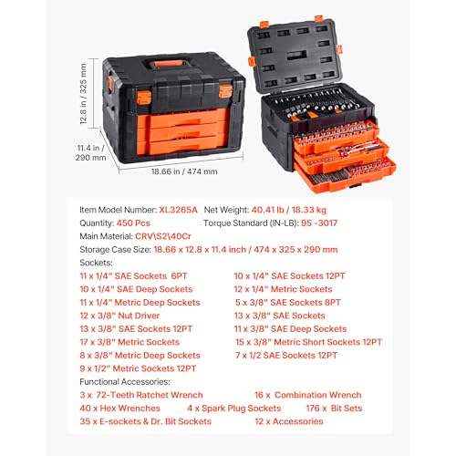 VEVOR Mechanics Tool Set and Socket Set, 450 Pcs, 1/4, 3/8 and 1/2 inch Drive Deep and Standard Sockets, SAE Metric Mechanic Tool Kit with Bits, Wrenches, Accessories, Storage Case with Orange Drawer - size: 1/4"&3/8"&1/2", style: NEW 450 PC