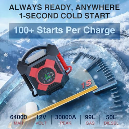 DM1264 Heavy Duty Truck Jump Starter, 30000A Peak 12V Lithium Battery Booster Pack for Semi Trucks,Starts All Gasoline Engines and Diesel Engines up to 50L in 1 Second at -40°F. - color: Red