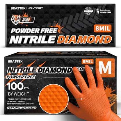 Beastek Nitrile Disposable Gloves, 8Mil Latex & Powder Free Chemical Resistant Heavy Duty Cooking Diamond Glove Orange 100Pcs - color: Medium (Orange)