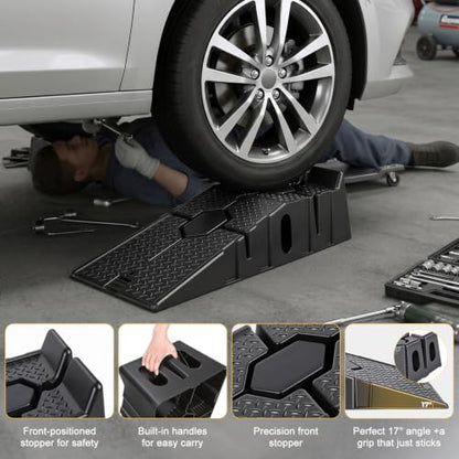 5000 LBS Heavy Duty Car Service Ramps, 17 Degree Low Profile Sloped Vehicle Ramp with Anti-Slip Textured Tread for Oil Changes Pickup Truck ATV Motorcycle Maintenance