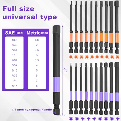 40Pcs Allen Wrench Drill Bits Set,Metric & SAE Hex Key Impact Driver Bits,S2 Steel Magnetic 1/4" Hex Shank with Extension Bar,Long Reach Screwdriver Bits Set for Power Tools Includes 2" & 4"Lengths - color: Purple+orange