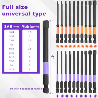40Pcs Allen Wrench Drill Bits Set,Metric & SAE Hex Key Impact Driver Bits,S2 Steel Magnetic 1/4" Hex Shank with Extension Bar,Long Reach Screwdriver Bits Set for Power Tools Includes 2" & 4"Lengths - color: Purple+orange