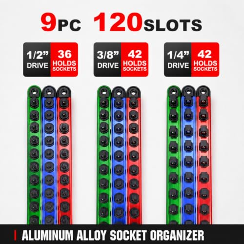 Magnetic Socket Organizer Set | 1/4" 3/8" 1/2" Socket Rail with 120 Clips | 9PCS Aluminum Alloy Socket Holder | Ratchet Organizer & Socket Organizer for Tool Box Drawer|Garage and Tool Cart - size: 9 PCS