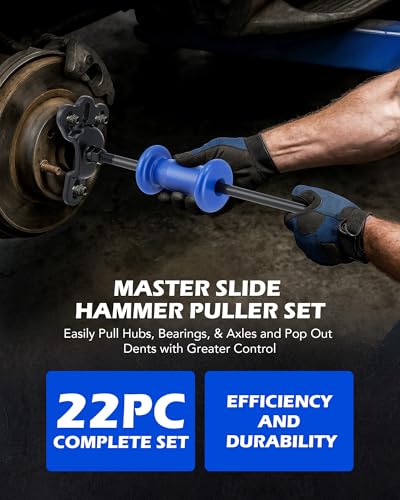 OMT 22pc Slide Hammer Puller Set, Axle Bearing Hub & Seal Remover Kit | Front and Rear Axle Shaft Hub Bearing Seal Remover Set with 1" to 2-7/8" ID Adapters 2-Jaw 3-Jaw Yokes
