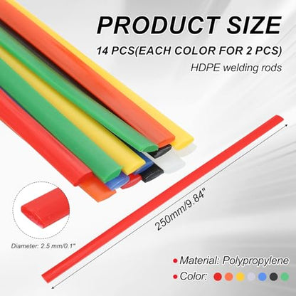Plastic Welding Rods, 10in HDPE Welder Rod High-Strength Waterproof Fit for Repairing Plastic Bumper Kayaks Car Bumpers Motorcycle Tanks DIY Crafts - (14 Pack, 7colors)