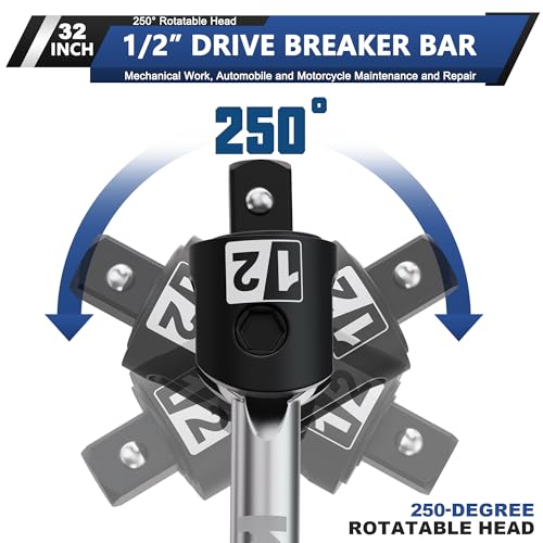 32-Inch 1/2” Drive Breaker Bar, Heavy Duty Extension Breaker Bar, 250° Rotatable Head, Premium Chromium Molybdenum Steel, Mechanical Work, Automobile and Motorcycle Maintenance and Repair - size: 1/2" 32 in