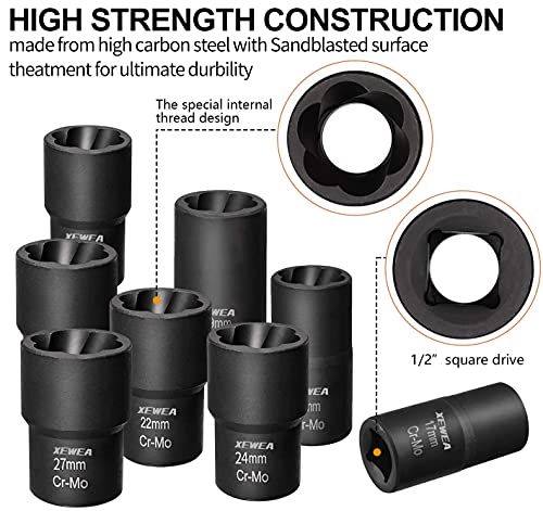 XEWEA 9PCS Lug Nut Extractor Set, 1/2" Drive Impact Bolt Nut Remover Socket Tool, Wheel Lock Removal Kit, Easy Out Extractor Set for Damaged, Frozen, Rusted, Rounded-Off Bolts Nuts - color: 9pcs 1/2" Drive