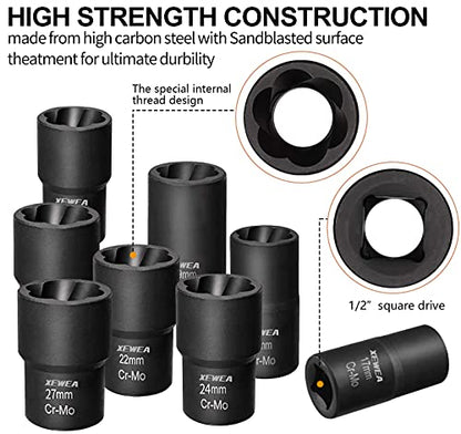 XEWEA 9PCS Lug Nut Extractor Set, 1/2" Drive Impact Bolt Nut Remover Socket Tool, Wheel Lock Removal Kit, Easy Out Extractor Set for Damaged, Frozen, Rusted, Rounded-Off Bolts Nuts - color: 9pcs 1/2" Drive