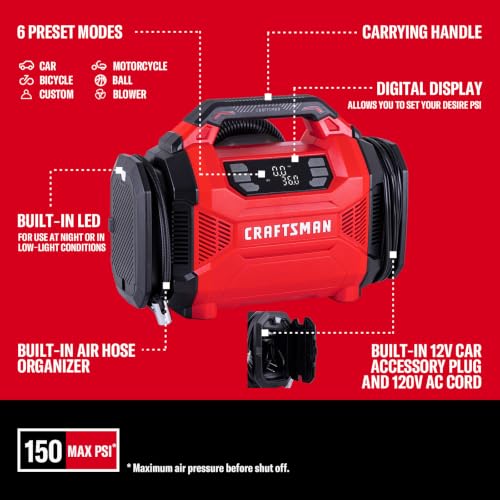 CRAFTSMAN Dual Power Tire Inflator with Digital Gauge & Auto Shut-Off | 12V DC Car Plug and 120V AC Home Use with Up to 150 PSI, LED Light, Portable Air Pump for Car Tires, Bikes and Inflatables