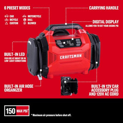 CRAFTSMAN Dual Power Tire Inflator with Digital Gauge & Auto Shut-Off | 12V DC Car Plug and 120V AC Home Use with Up to 150 PSI, LED Light, Portable Air Pump for Car Tires, Bikes and Inflatables