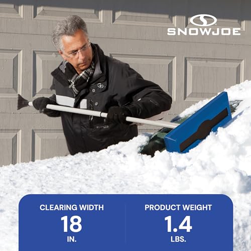 Snow Joe 18" Telescoping Snow Broom & Ice Scraper for Cars, No-Scratch Foam Brush - Long and Extendable Ice Removal Tool for Car Window and Automotive Windshield, SJBLZD