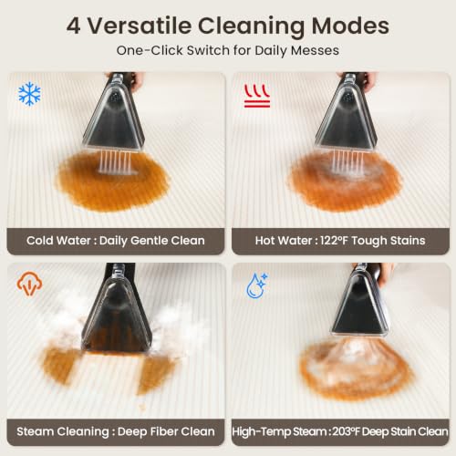 Portable Steam Carpet Cleaner Machine, 203°F High Temp & 18,000Pa Suction, 4 Cleaning Modes, Deep Stain & Odor Removal, Dual Tank Spot Cleaner for Pet Messes, Upholstery, Stairs & Car Detailing