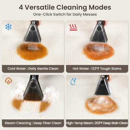Portable Steam Carpet Cleaner Machine, 203°F High Temp & 18,000Pa Suction, 4 Cleaning Modes, Deep Stain & Odor Removal, Dual Tank Spot Cleaner for Pet Messes, Upholstery, Stairs & Car Detailing