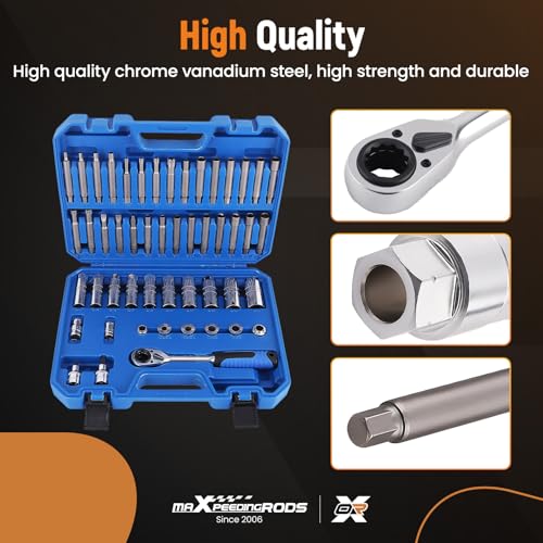 maXpeedingrods 50PCS Strut Nut Socket Set, Shock Absorber Socket Kit, Suspension Strut Top Mount Nut Removal Installer Tool, 3/8" 1/2" Drive Suspension Steering Hub Shock Absorber Ratchet Wrench Set - style: 50 Pcs