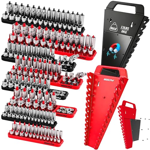 10-Piece Socket and Wrench Organizer Set, 8PC Socket Organizer Tray and 2PC 24-Slot Magnetic Wrench Organizer, for 1/4", 3/8", 1/2" Drive SAE and Metric, Toolbox Drawer Storage, Tools Not Included