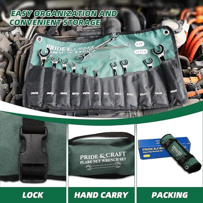 PRIDE&CRAFT 12-Piece Flare Nut Wrench Set, Metric & SAE,6-21mm & 1/4" to 7/8", CR-V Steel, 15°Offset Design, Brake Line Wrench Set with Organizer Pouch - size: 12pc Metric & Sae Standard