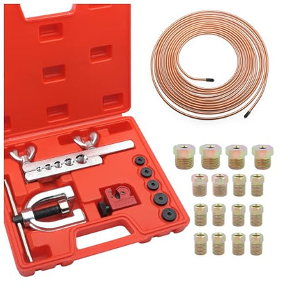 Single & Double Brake Line Flaring Tool Kit,3/16" Brake Line Kit for Most Hydraulic Braking Systems,Brakes Lines Repair Kits with 16 Brakes Lines Fittings,5 Adapters,Tubing Bender
