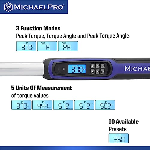MichaelPro 1/2 Flex Head Digital Torque Wrench with Angle Function, 25 to 250 ft-lbs (34 to 340 Nm), Target Torque Multi-Alert System, 10 Available Presets | MP001227
