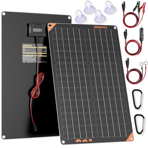 SUNAPEX 30Watt 12V Solar Car Battery Trickle Charger & Maintainer | Waterproof Flexible Solar Panel Kit | Prevents Overcharging with Smart Controller | Fits 12V Batteries for Boats, RVs & More - color: Black, size: 30W Smart