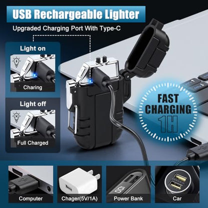 LcFun Electric Lighter USB C Rechargeable Plasma Lighter Windproof Flameless Arc Lighters, Waterproof Matches for Camping Hiking Hunting, Survival Tactical Gear Gifts for Men Fathers Husband - color: Black, style: Arc lighter