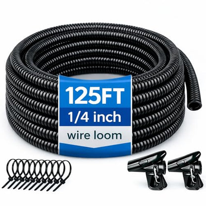 Automotive Wire Loom Flame Retardant Split Wire Loom Tubing Assortment Wiring Loom Kit Plastic Cover Electrical Covering Conduit Protective Wire Wrap Cable Sleeves Black 1/4" x 125 Ft - size: 1/4" x 125 ft