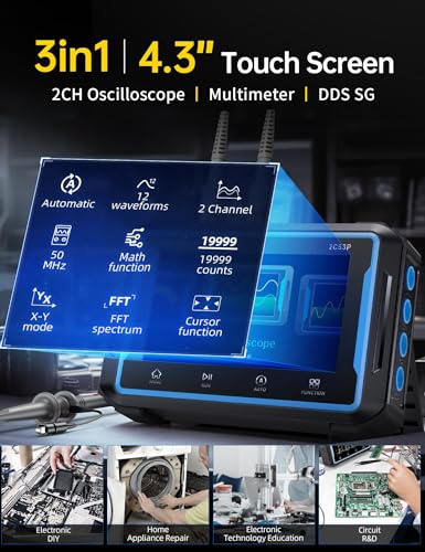 FNIRSI 2C53P Handheld Tablet Oscilloscope Multimeter DDS Signal Generator 3 in 1, 2CH Automotive Oscilloscope Multimeters with 50Mhz Bandwidth, 19999 Counts, 250MS/s Sampling, 4.3 inch Touch Screen