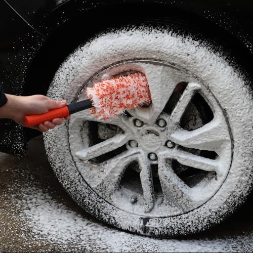 Microfiber Wheel Brush, SPTA Removable Car Wheel Cleaning Brush with 2 Interchangeable Microfiber Covers, Bendable, Firm Rim Cleaner Brush for Wheel Cleaning, Long Non-Slip Handle and Flat Head - color: Microfiber Wheel Brush