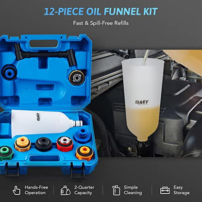 OMT Engine Oil Funnel Set, 2-Quart Spill-Free Filling Kit, 8 Adapters | Nylon & Steel Build; Flexible Extension Tube, No-Mess Refills, Coolant & Fluid Changes, Automotive Mechanics, DIY Vehicles
