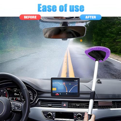 Windshield Cleaning Tool, Car Window Cleaner with Extendable Long Handle and 4 Washable Reusable Microfiber Pads, Auto Interior Exterior Glass Wiper Cleaning Kit Universal for Office and Home (Pueple) - color: Pueple