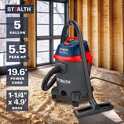 Stealth Wet/Dry Vacuum 5 Gallon, 5.5 Peak HP Shop Vacuum with Blower & Drain Port for Home Clean, Garage Clean, Car Detailing, Workshop, ECV05P2 Small Shop Vac