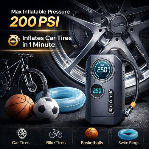 Portable Car Battery Jump Starter with Air Compressor | 9000A Jumper Pack, 200PSI Tire Inflator, 4-in-1 Car Emergency Tool, Power Bank, Gift for Car Owners
