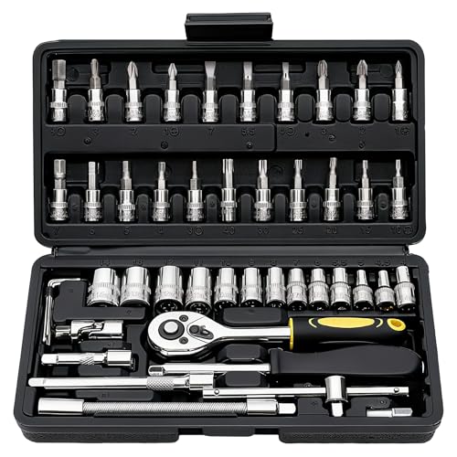 46 Pieces Drive Socket Ratchet Wrench Set, 1/4 inch Metric Socket Set, Ratchet Wrench Set with Quick-Release Ratchet and Extension Bar, Storage Case - Perfect for Auto Repair & Home Use