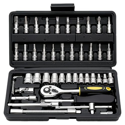 46 Pieces Drive Socket Ratchet Wrench Set, 1/4 inch Metric Socket Set, Ratchet Wrench Set with Quick-Release Ratchet and Extension Bar, Storage Case - Perfect for Auto Repair & Home Use