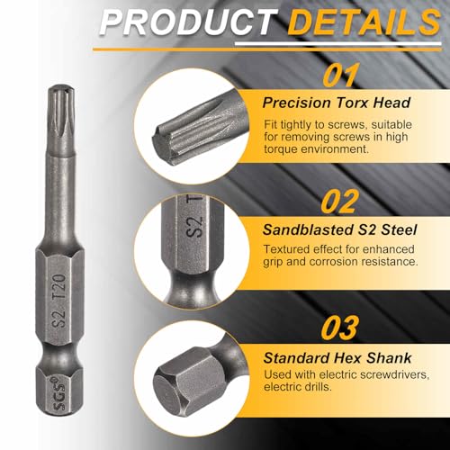 HARFINGTON 10pcs T20 Torx Head Screwdriver Bit 1/4" Hex Shank 2" (50mm) Long Magnetic No Hole Tip Tamper Proof 6 Point Star Screw Driver Drill Bits S2 Steel Industrial Power Screwdrivers - size: T20 x 2"
