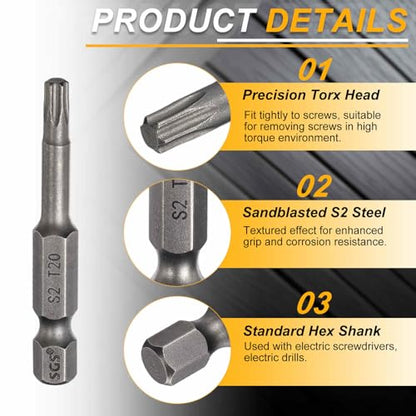 HARFINGTON 10pcs T20 Torx Head Screwdriver Bit 1/4" Hex Shank 2" (50mm) Long Magnetic No Hole Tip Tamper Proof 6 Point Star Screw Driver Drill Bits S2 Steel Industrial Power Screwdrivers - size: T20 x 2"
