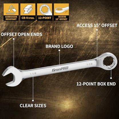 GRENPRO SAE Wrench Set, Large Wrench Set, 7-Piece 15/16", 1", 1-1/16", 1-1/8", 1-3/16", 1-1/4" Long Big Open End Wrench Tools Set Roll Up Pouch Organizer with Gauge, 12 Point Combination Wrenches Sets - style: SAE Wrench Set Large