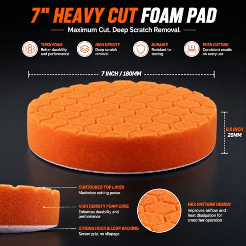 7 Inch Polishing Pads, 5PCS Foam Buffing Pads for DA Polisher | 5PCS Foam Polishing Pads for DA Polisher, Car Paint Correction, Scratch & Swirl Removal, Hook and Loop Backing