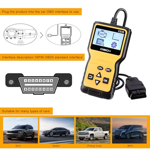 Car OBD2 Scanner Code Reader, Vehicle Engine Fault Scanner for Check Engine Light & Emission Status, CAN Diagnostic Scan Tool Universal for OBD II Protocol Cars Since 1996 (Yellow)