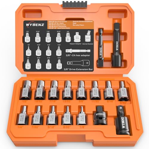 17Pcs Screw Extractor Set, 3/8" Inch Drive Multi-Spline Screw Extractor Kit | Easy Out Bolt Extractor Set,Bolt Remover for Stripped Broken Bolts, Nuts & Screws, with Extension & Adapter Accessories - color: 17pcs