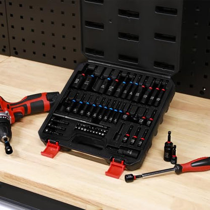 55PCS Magnetic Nut Driver Set, Metric & SAE Magnetic Impact Drill Driver Bit, Deep Nut Driver Set, Wing Nut Driver, 1/4" Quick Change, Heavy Duty Socket Adapters & Bit Extensions, Storage Box