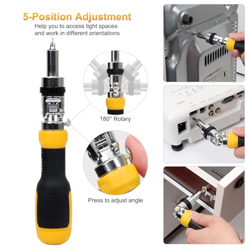 SHARDEN Ratcheting Multi Bit Screwdriver - 13-in-1 Tool Set, Flat Head/Square/Torx/Hex/Phillips, 180 Degree Pivoting Adjustable Angle Magnetic Screwdriver - color: Yellow