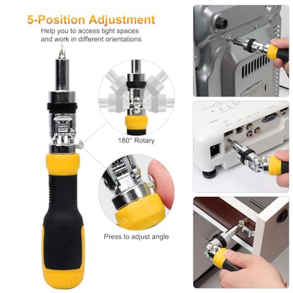 SHARDEN Ratcheting Multi Bit Screwdriver - 13-in-1 Tool Set, Flat Head/Square/Torx/Hex/Phillips, 180 Degree Pivoting Adjustable Angle Magnetic Screwdriver - color: Yellow