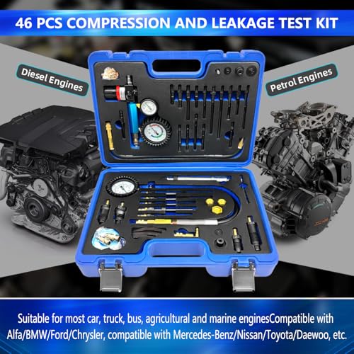 ZKTOOL 47PCS Compression and Leakage Test Kit Petrol & Diesel Dual Gauge Engine Compression Tester Kit Automotive Cylinder Leak Down Tester Kit for HDI, TDCi, Pumpe Duse Engine，0-725PIS - size: 46PCS