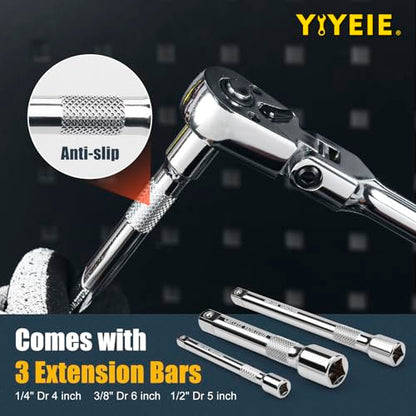 YIYEIE 6-Piece Flex Head Ratchet Set, 1/4", 3/8", 1/2" Drive, Swivel Head Ratchet Wrench with Extension Bar, 72 Tooth, 180° Adjustable, Quick-Release, Flexible Ratchet Handle with EVA Foam - size: 1/4", 3/8", 1/2" Drive, style: 6pcs Flex Head Ratchet Set