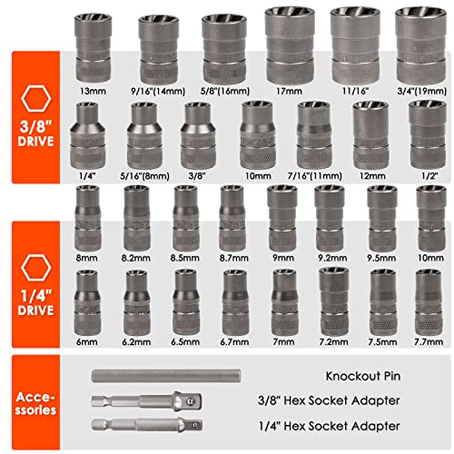 32 Pcs Bolt Extractor Kit, 1/4" & 3/8" Drive Impact Bolt & Nut Remover Set | for Damaged, Rusted, Rounded-Off, Stripped Fasteners, 6-19mm, Cr-Mo Steel, Compact Design for Tight Spaces, Storage Case