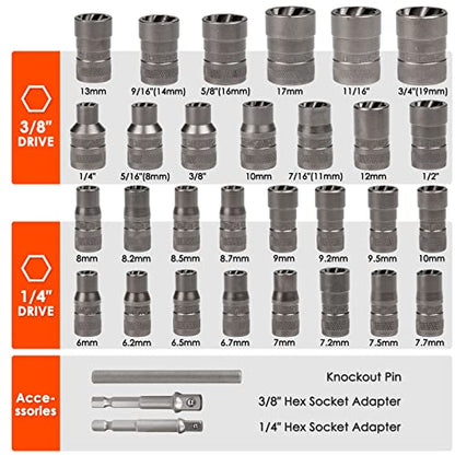 32 Pcs Bolt Extractor Kit, 1/4" & 3/8" Drive Impact Bolt & Nut Remover Set | for Damaged, Rusted, Rounded-Off, Stripped Fasteners, 6-19mm, Cr-Mo Steel, Compact Design for Tight Spaces, Storage Case